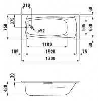 Laufen PALLADIUM vana ocelová 1700x750x430 mm, protihluková, bílá   H2251100000401